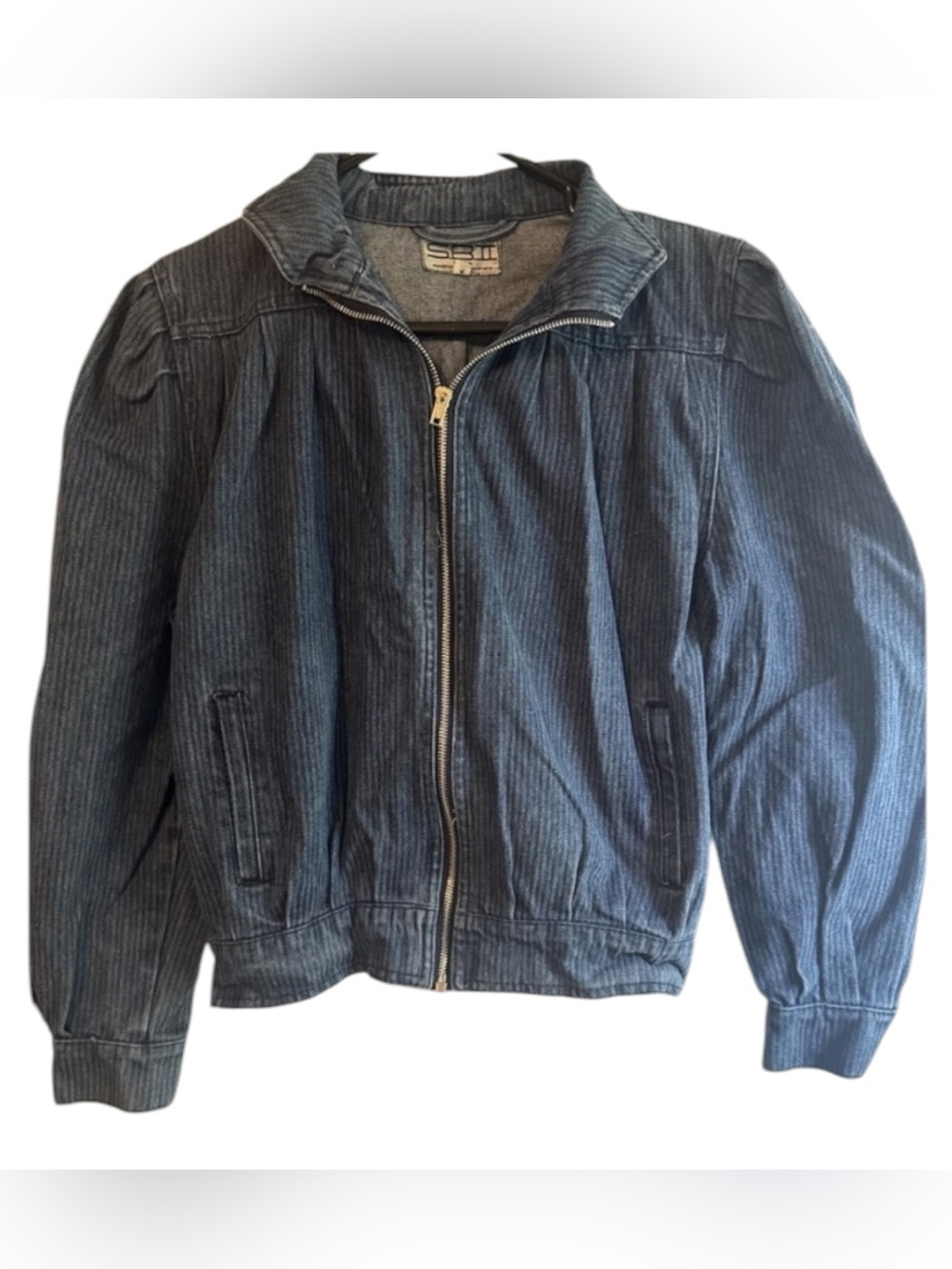 Vintage S.B.II Denim Jacket Women’s M Pinstripe Zip Bomber 80s Academia utility